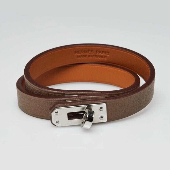 Hermes Etoupe Swift Leather Palladium Plated Mini Kelly Double Tour Bracelet - Picture 2 of 7